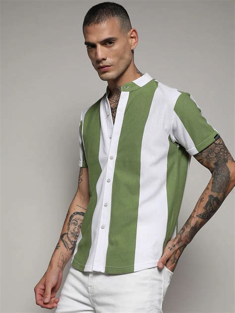 Campus Sutra Striped Button Up Green and White Shirt - Campussutra