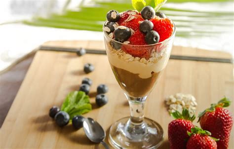 Wallpaper blueberries, strawberry, mint, cream, dessert for mobile and ...