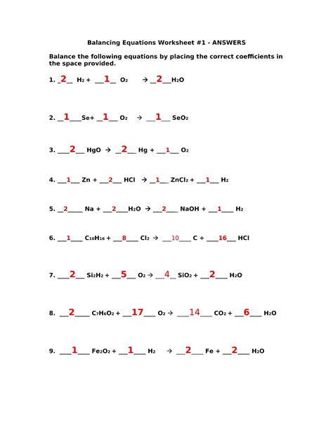 Balancing Chemical Equations Worksheet With Answers