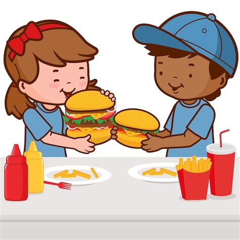 Children at a restaurant eating hamburgers kids a girl and a boy having ...