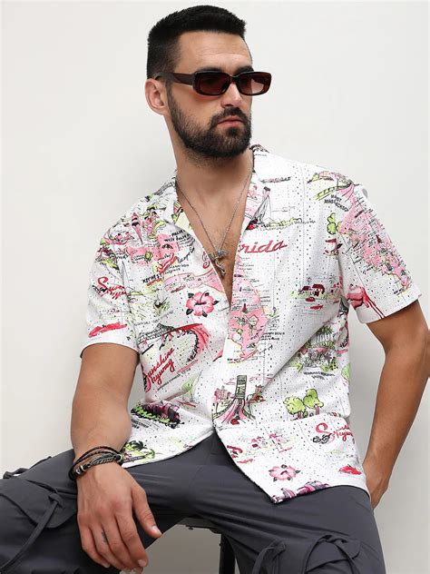 ₹854 | Campus Sutra men's Chalk White:Blush Pink Maps Shirt - Campussutra