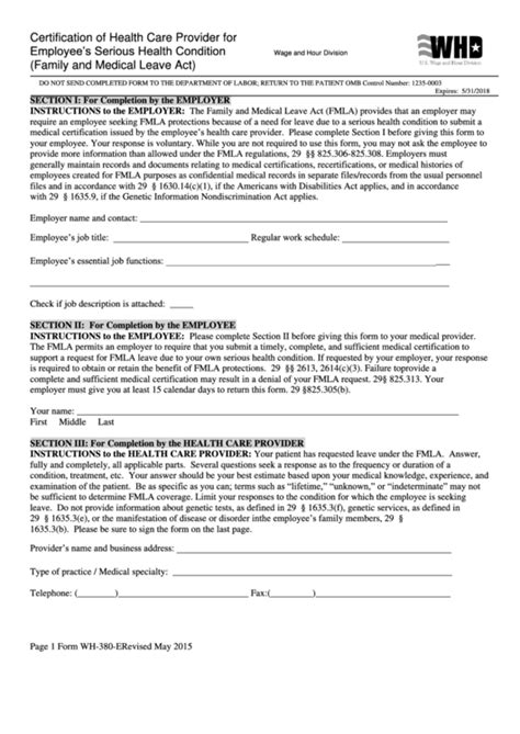 Fillable Form Wh-380-E - Certification Of Health Care Provider For ...