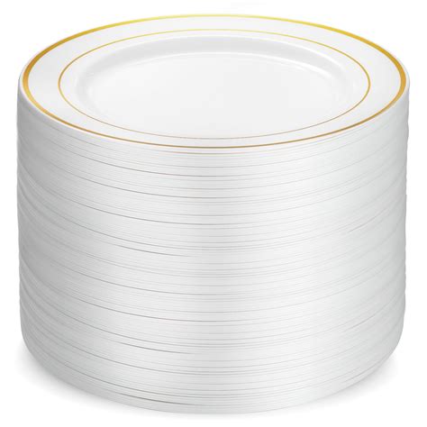 100 Piece Plastic Party Plates White Gold Rim, Premium Heavy Duty 10.25 ...