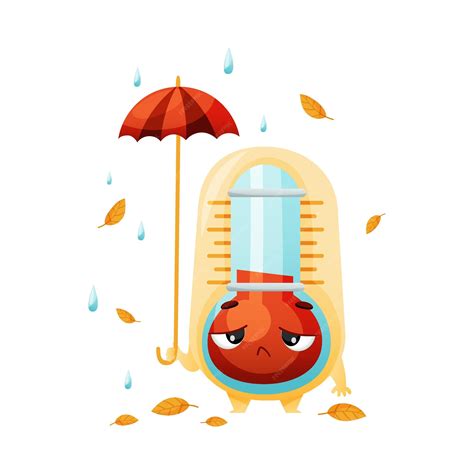 Cartoon sad thermometer character walking with umbrella in fall season ...