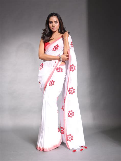 White Pure Cotton Soft Saree With Floral Embroidery Work – Charukriti