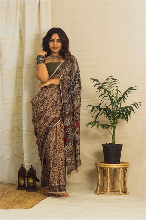 Mul Cotton Block Printed Saree • Kalamkari Beige Jaal – rusticblends