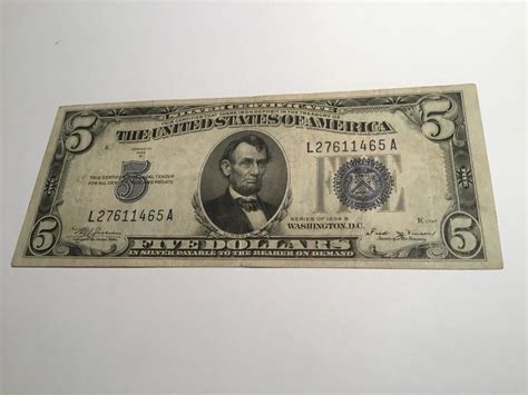VINTAGE $5 1934-B SILVER CERTIFICATE FIVE DOLLAR BILL LINCOLN BLUE SEAL ...