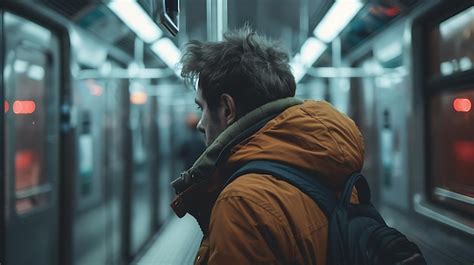 A man with a backpack on his back looks out of a subway window ...