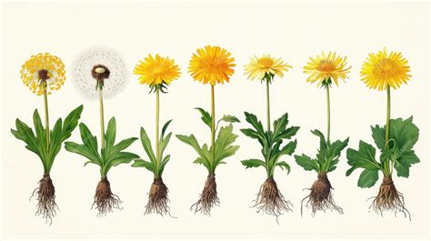 Dandelion life cycle showing root system and flower blossoms | Premium ...