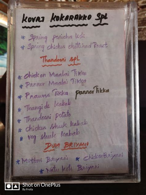 Menu at Kovai kokarakko, India