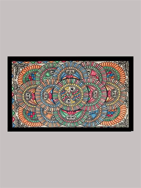 Horizontal Madhubani Mosaic Painting | Intricate Geometric Fish Art ...
