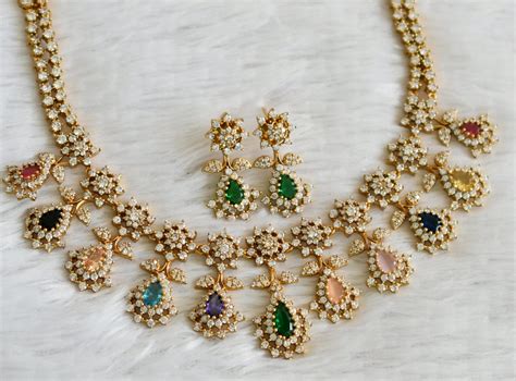 Matte finish cz multi color thilak stone flower necklace set dj-48963 ...