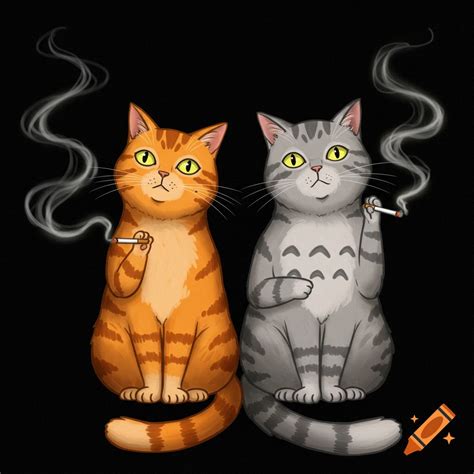 An orange tabby cat and a grey cat smoking cigarettes on a black ...