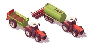 Set of isometric low poly tractors with manure spreaders vector ...