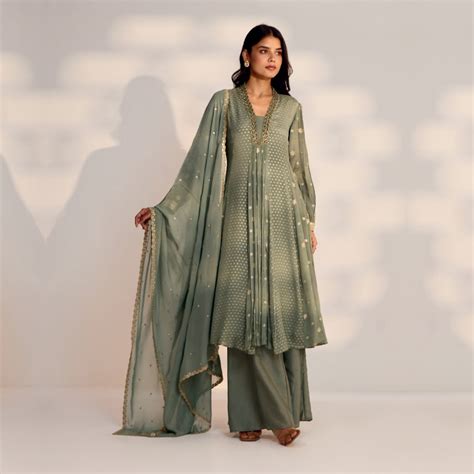 Basil Green Pleated Long Kurta and Palazzo Set – Suvidha Fashion