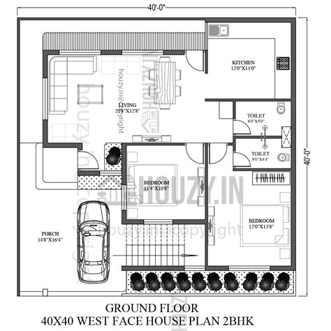 40 x 40 house plans West Facing | 2BHK West Face House Plan | HOUZY.IN