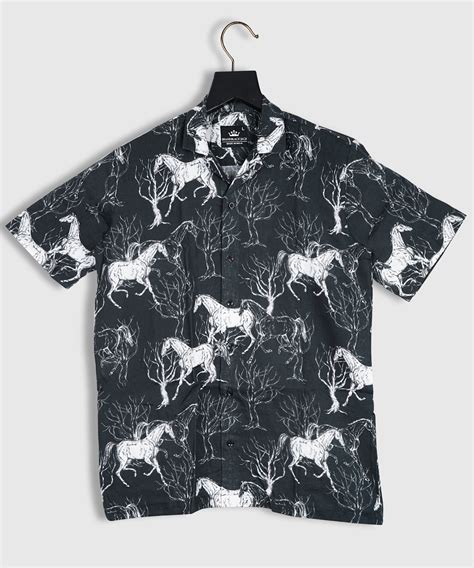 Pure Linen Black Running Horse Printed Shirt For Man By Brand Black Ja