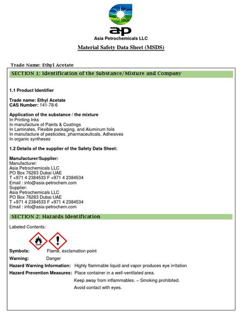 Ethyl Acetate MSDS | PDF | Dangerous Goods | Firefighting