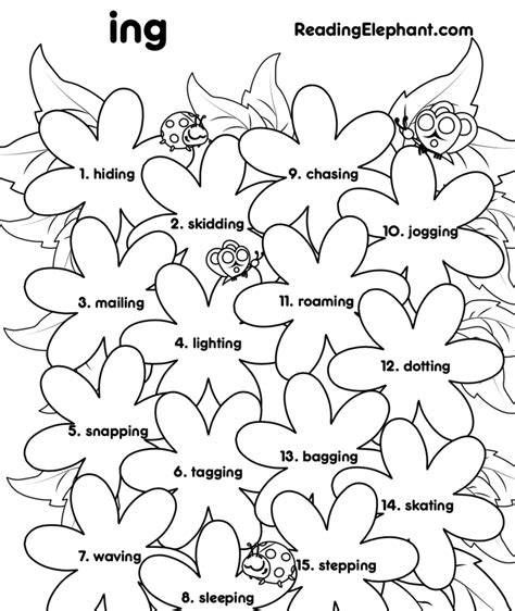 ing Words Worksheet with Spring Flowers - Reading Elephant