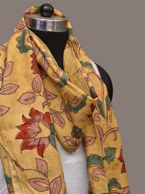 Yellow Kalamkari Hand Painted Sico Stole with Floral Design ds3432 – Uppada
