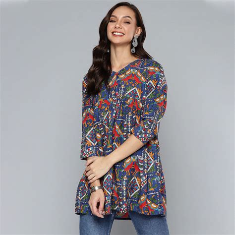 wavecolour | Women Blue & Orange Ethnic Motifs Printed Kurti