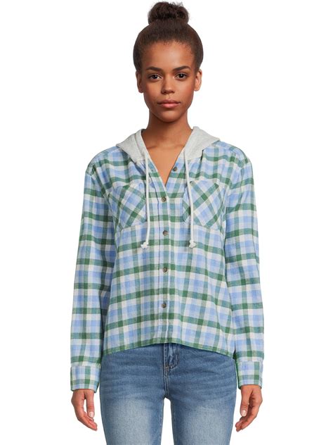 Time and Tru women's Hooded Crop Flannel Shirt - Plaid, Fit - Walmart.com