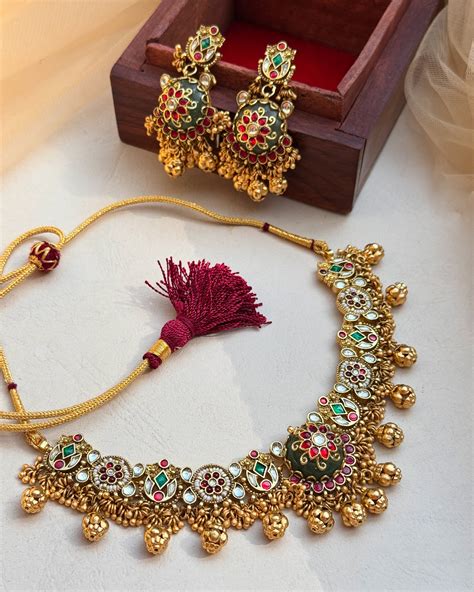 Traditional Gold Plated Necklace Set with colored stones – Mangalsutra ...