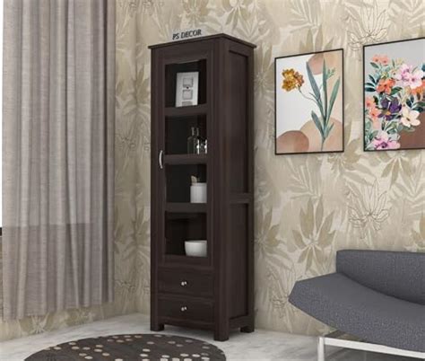 PS DECOR Wooden Bookshelf with Glass Door Cabinet, 4 Shelves 2 Drawers ...