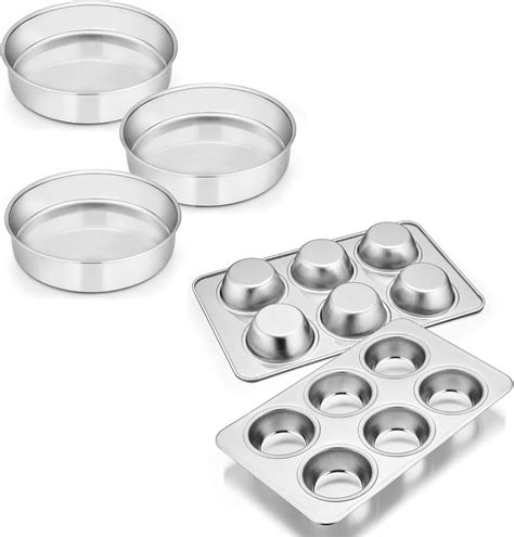 Amazon.com: E-far 8 Inch Cake Pan Set of 3 with Stainless Steel Muffin ...