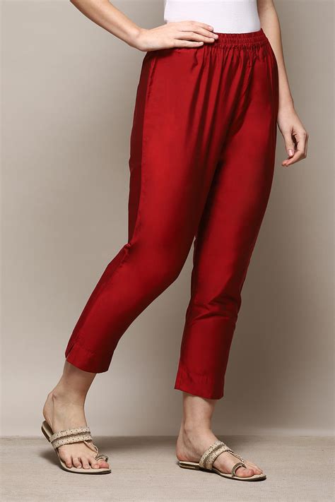 Dark Red Poly Viscose Slim Yarndyed Pants at Biba India