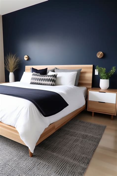 Modern Balanced Bedroom with Midnight Blue and Light Wood Tones | Blue ...