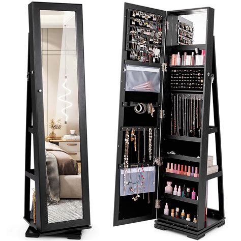 Costway 360degree Rotatable Jewelry Cabinet 2-in-1 Lockable Mirrored ...