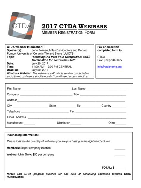 Fillable Online 2017 ctda webinars - member registration form Fax Email ...