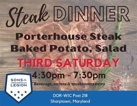 Steak Night, American Legion Post 218, Sharptown, 19 April 2025 | AllEvents