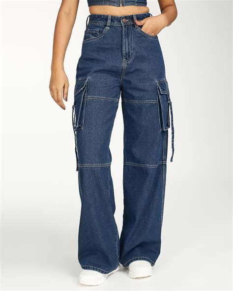 Buy Women's Dark Blue Wide Leg Cargo Jeans Online in India at Bewakoof