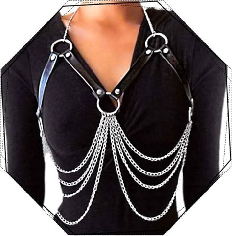 Twinklede Punk Leather Body Chain Silver Layered Chest Chains Rave ...