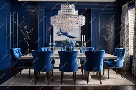 Premium AI Image | a dining room with a blue dining table and chairs ...
