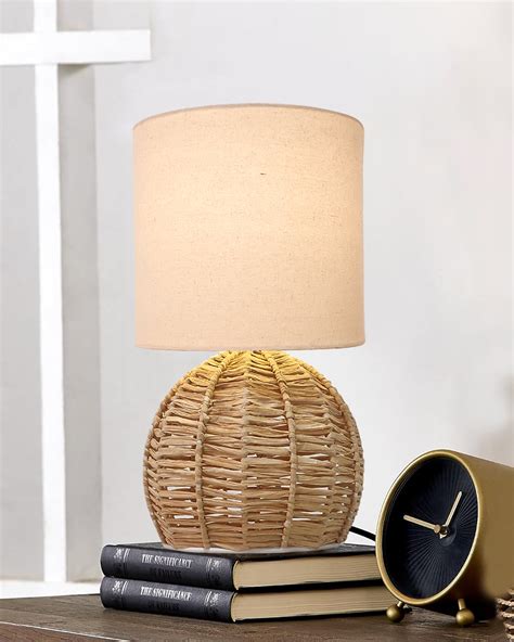 Raffia Rattan Table Lamp, Small Nightstand Lamp with Linen Fabric Lamp ...