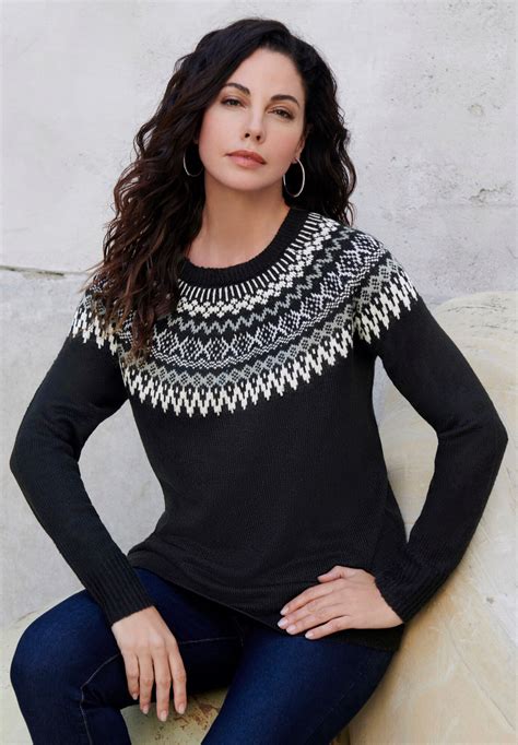 Fashionable Fair Isle Pullover Sweater, Black Classic Fair Isle | Roaman's