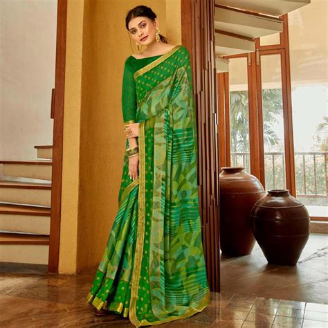 Green Casual Wear Printed Brasso Saree