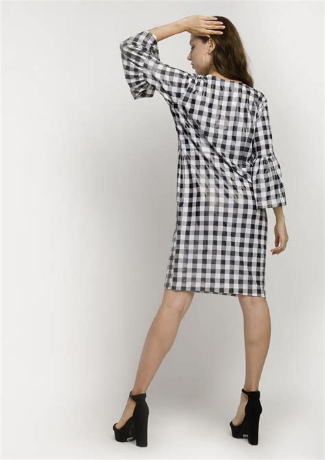 Black & White Checkered Round-Neck Bell Sleeve Gingham Pattern Midi Dress