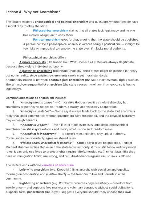 Lesson 4: Exploring Anarchism and Political Authority - Studocu
