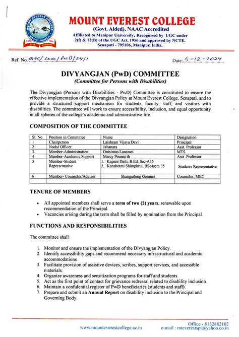 Composition of Divyangjan (PwD) Committee - MOUNT EVEREST COLLEGE