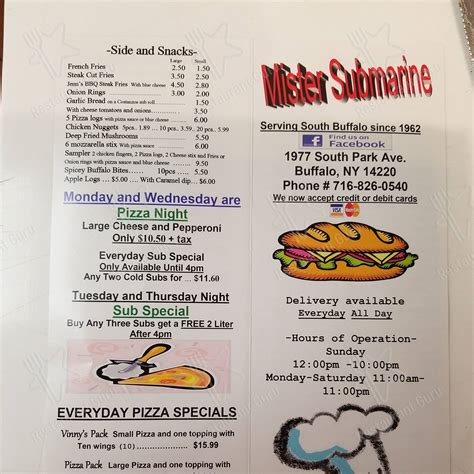 Menu at Mister Submarine pizzeria, Buffalo