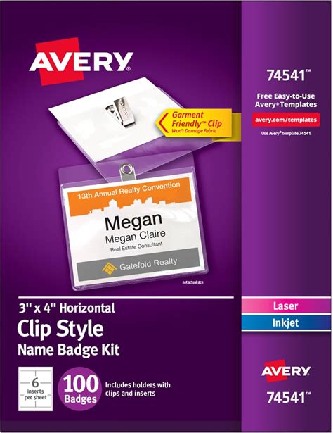 Avery Customizable Name Badge Clips, 3" x 4", White, 100 Printable Inserts and Badge Holders ...