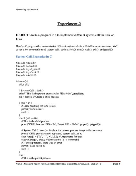 Operating System LAB: C Program for System Calls in Unix/Linux - Studocu