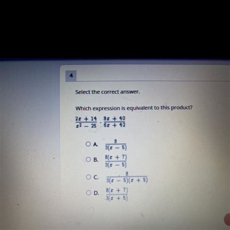 Select the correct answer which expression is equivalent to the product 2x+14/x^2-25 • 8x+40/6x ...