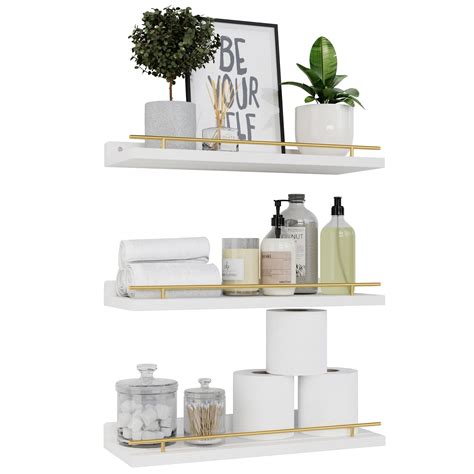 WOPITUES Floating Shelves with Gold Metal Guardrail, Shelves for Wall ...