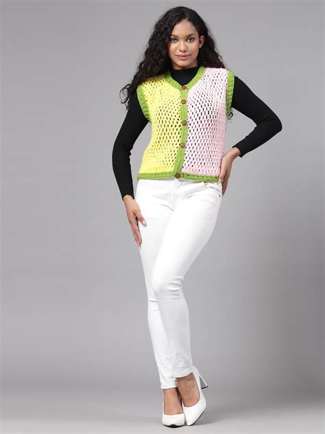 Colour Block Crochet Cardigan for Women - Pink and Green
