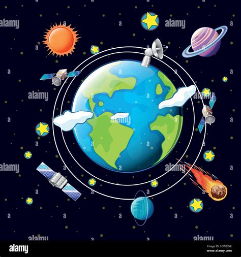 Space theme with satellites and planets around earth Stock Vector Image ...